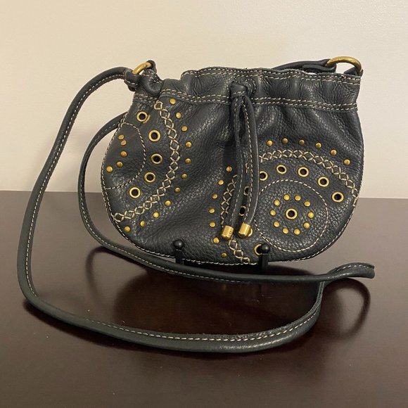 Fossil Black Leather Studded Drawstring Mini Crossbody Bag - Picture 1 of 8